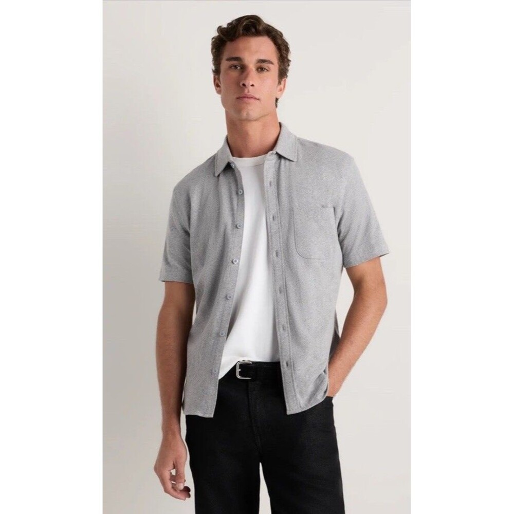 Quince Men’s 100% Organic Cotton Slub Short Sleeve Button Up Shirt Gray XL